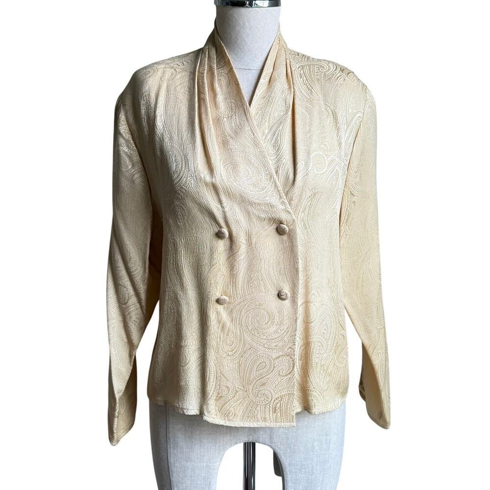 Talbots Petite Collection Silk Blouse Gold Paisley Double Breasted 4P
